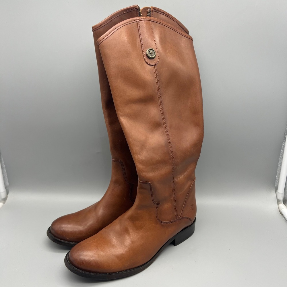 Frye Melissa Button Back Zip Boots Women 6 Cognac Leather Knee High EUC